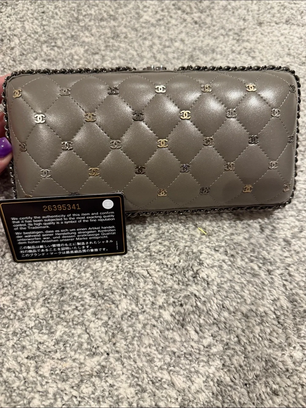 CHANEL Quilted CC-Logo Leather Wallet on Chain - Taupe Gray